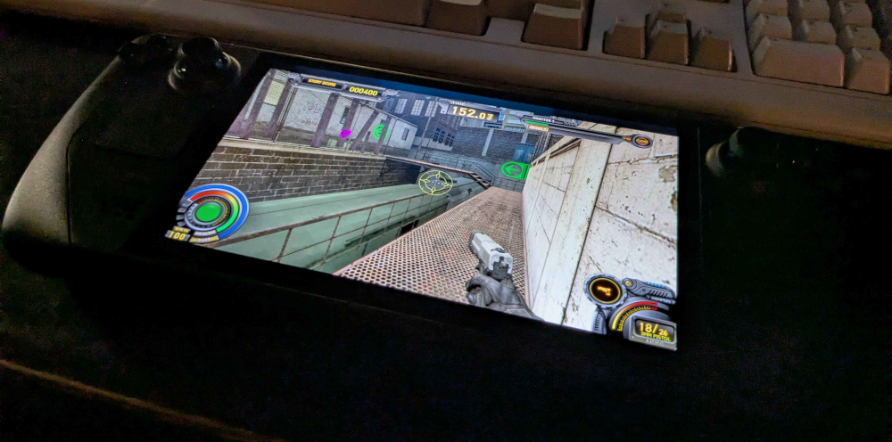 A picture of a Steam Deck running Half-Life 2: Survivor
