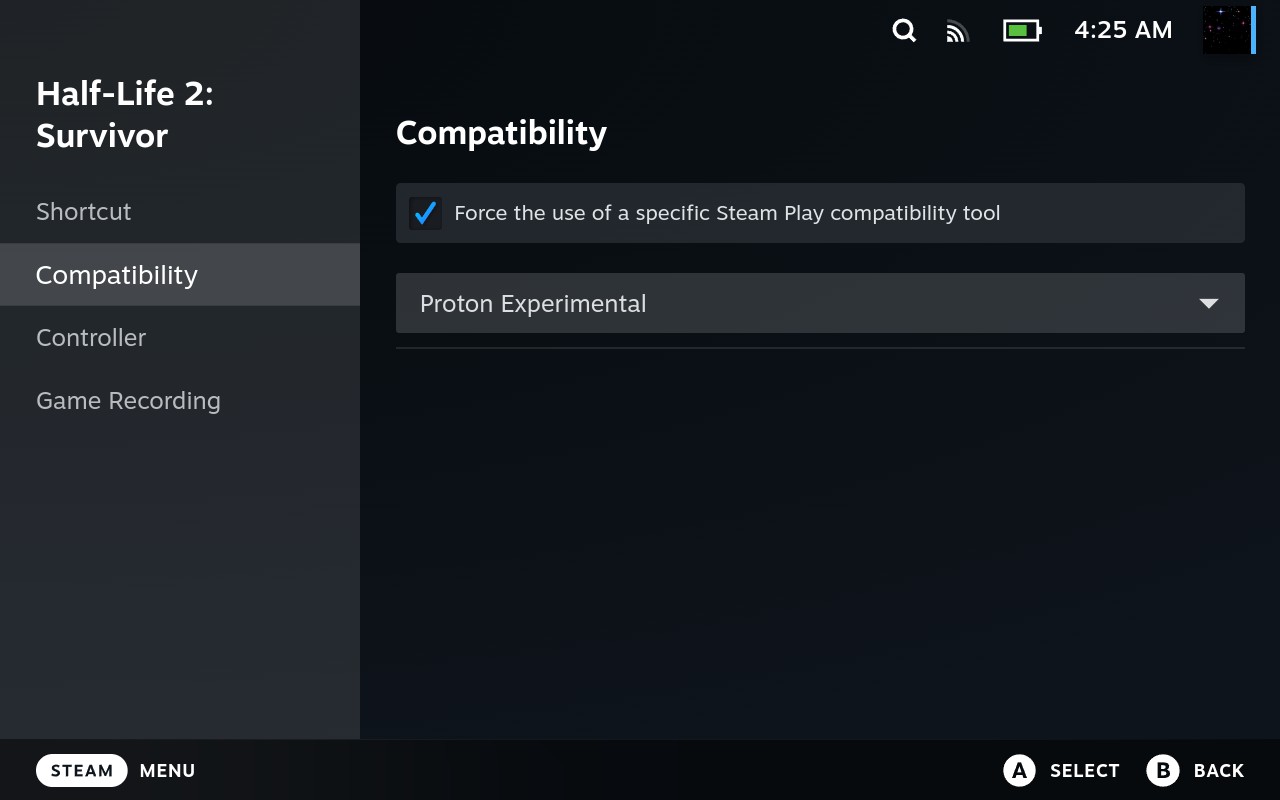 A screenshot of the Steam compatibility options for Half-Life 2: Survivor