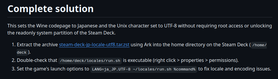 A screenshot of the Steam Deck Japanese locale fix webpage