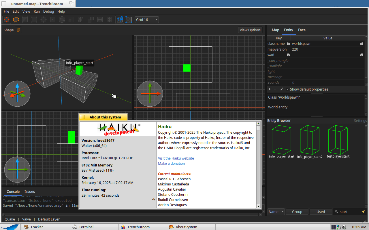A screenshot of the TrenchBroom level editor running on the Haiku operating system